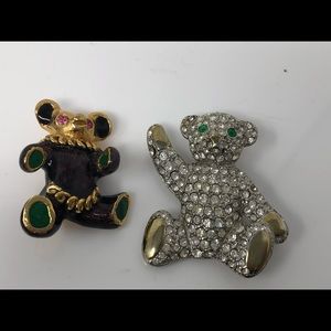 Pair of bear teddy bear pins rhinestones